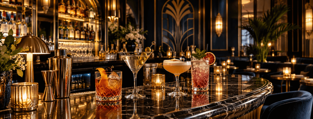 Cocktail recipe collection with martinis, margaritas, and old fashioned cocktails