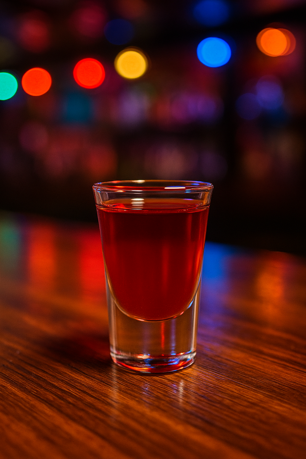 Dirty Hooker shot recipe in a clear glass on a wooden dive bar counter with warm lights in the background