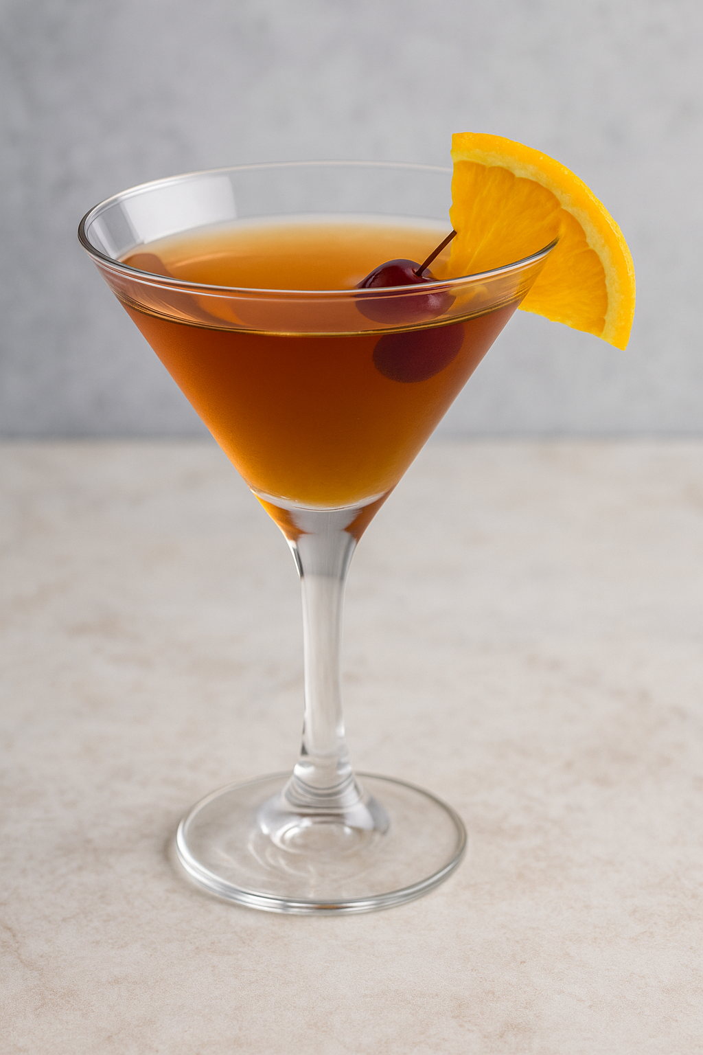 Flapper Cocktail made with rum and French vermouth garnished with cherry and orange slice