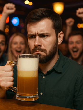 Man holding Horse Jizz drink recipe mug of beer and milk in a lively bar with friends cheering