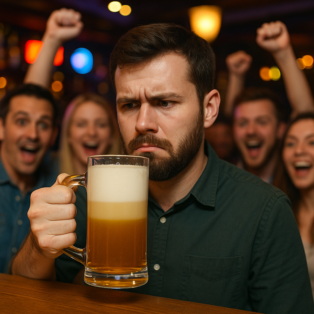 Man holding Horse Jizz drink recipe mug of beer and milk in a lively bar with friends cheering