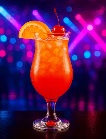 Original Liquid Cocaine cocktail in a hurricane glass with neon 90s club background