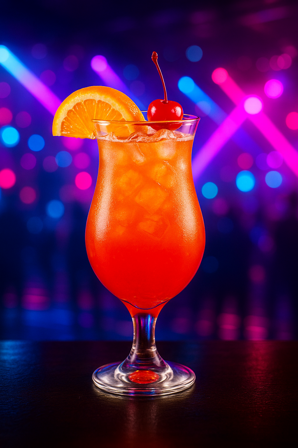 Original Liquid Cocaine cocktail in a hurricane glass with neon 90s club background