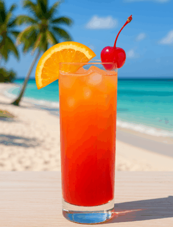 Sex on the Beach cocktail recipe in a highball glass with orange slice and cherry garnish on a Caribbean beach