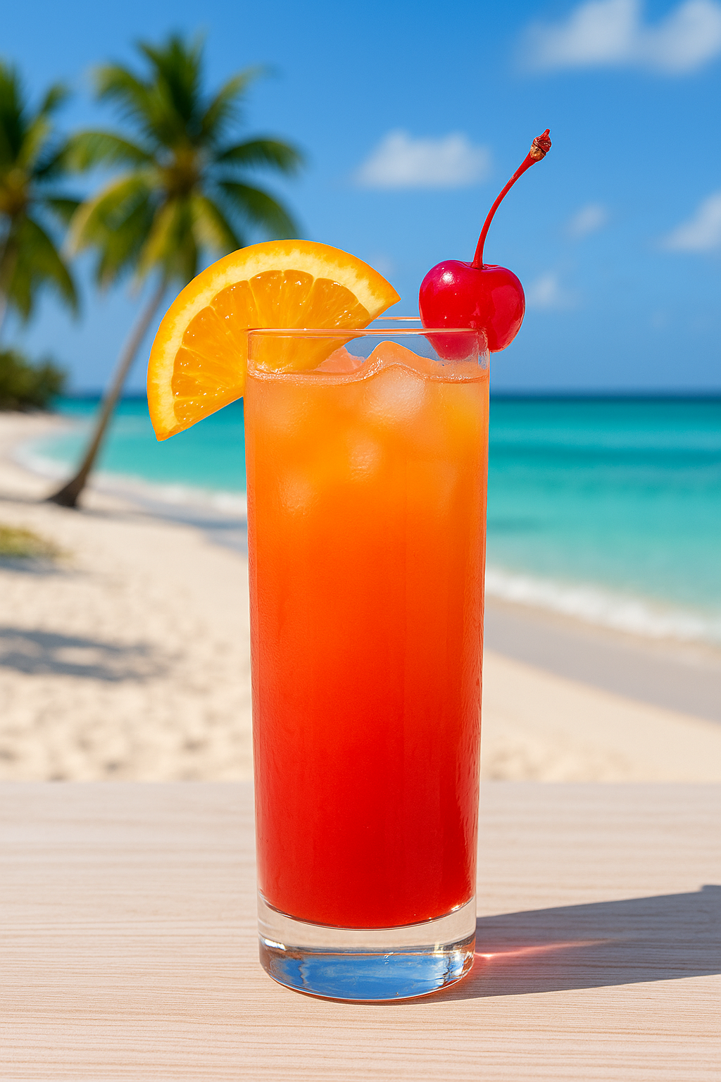 Sex on the Beach cocktail recipe in a highball glass with orange slice and cherry garnish on a Caribbean beach