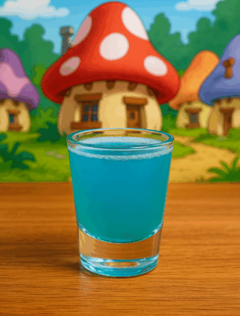 Smurf Piss shot recipe in a clear glass with a cartoon Smurf village background