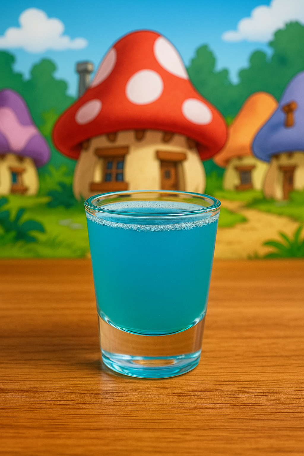 Smurf Piss shot recipe in a clear glass with a cartoon Smurf village background