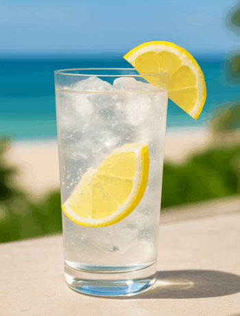 Tequila Press cocktail recipe served over ice with lemon slices on a beachside bar