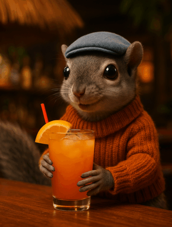 Flying squirrel enjoying a Flying Squirrel cocktail in a highball glass at a tropical bar