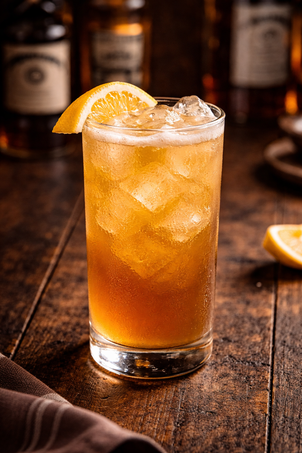 A four horsemen of the apocalypse cocktail recipe served in a highball glass with ice and lemon garnish.