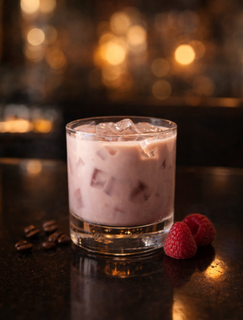 A french dream cocktail recipe served in an old fashioned glass with ice, raspberries, and coffee beans.