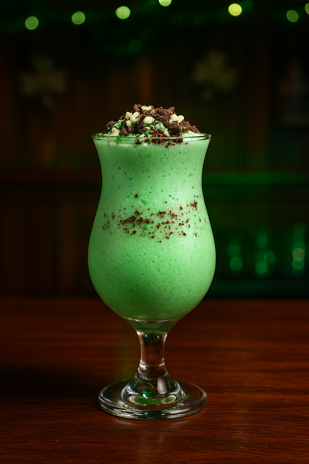 Frozen Leprechaun cocktail recipe in a hurricane glass with Peppermint Pattie garnish and chocolate shavings