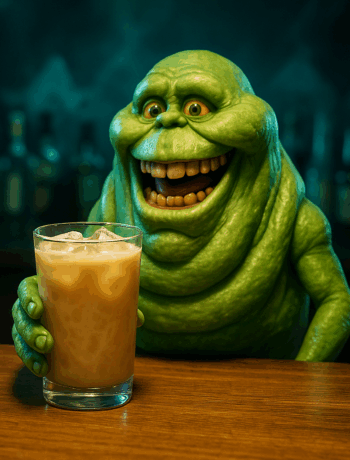 Ghostbuster cocktail recipe served in a highball glass with Slimer from Ghostbusters acting as the bartender
