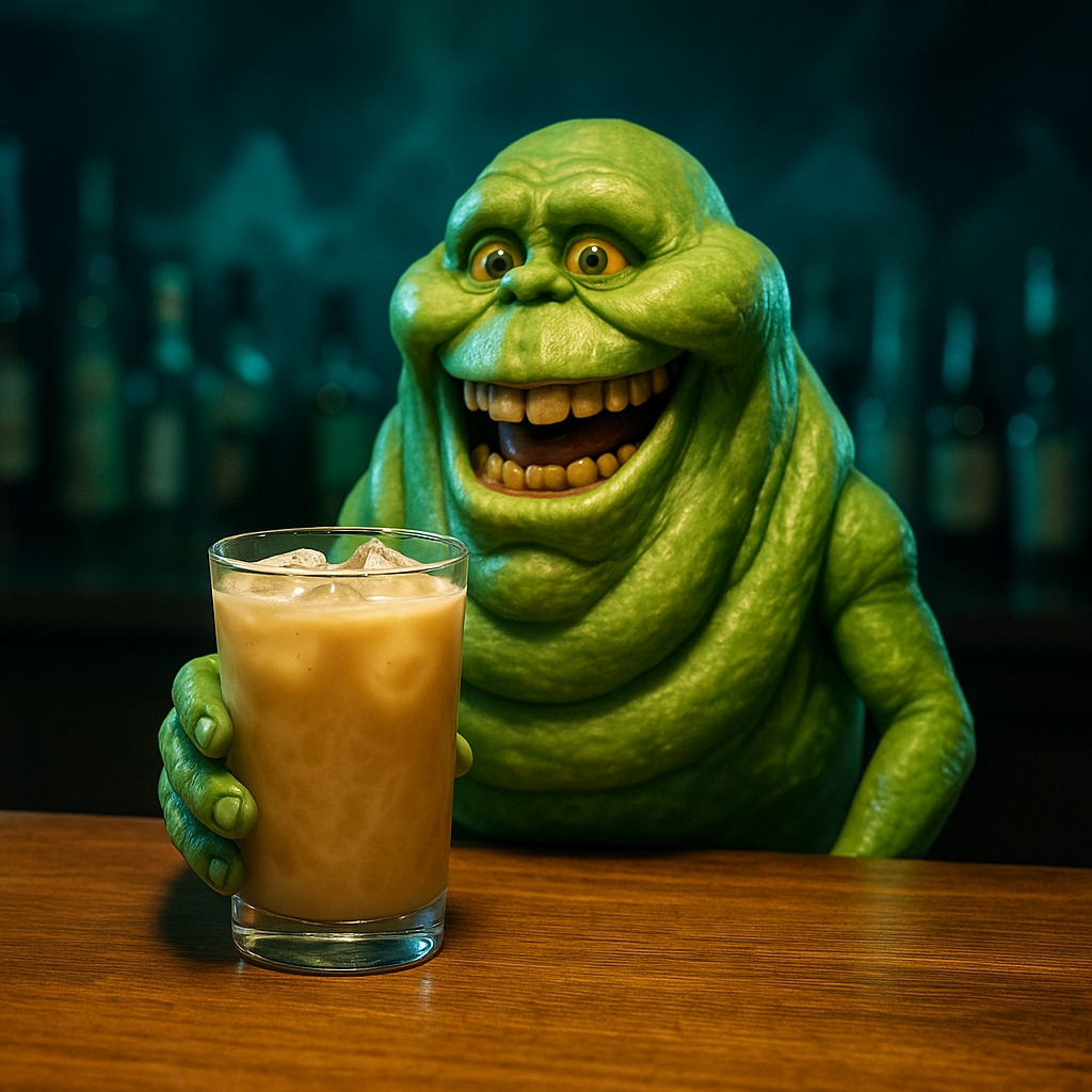 Ghostbuster cocktail recipe served in a highball glass with Slimer from Ghostbusters acting as the bartender