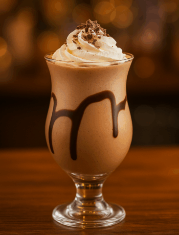 Godiva Mudslide cocktail recipe served in a parfait glass with chocolate drizzle, whipped cream, and chocolate shavings