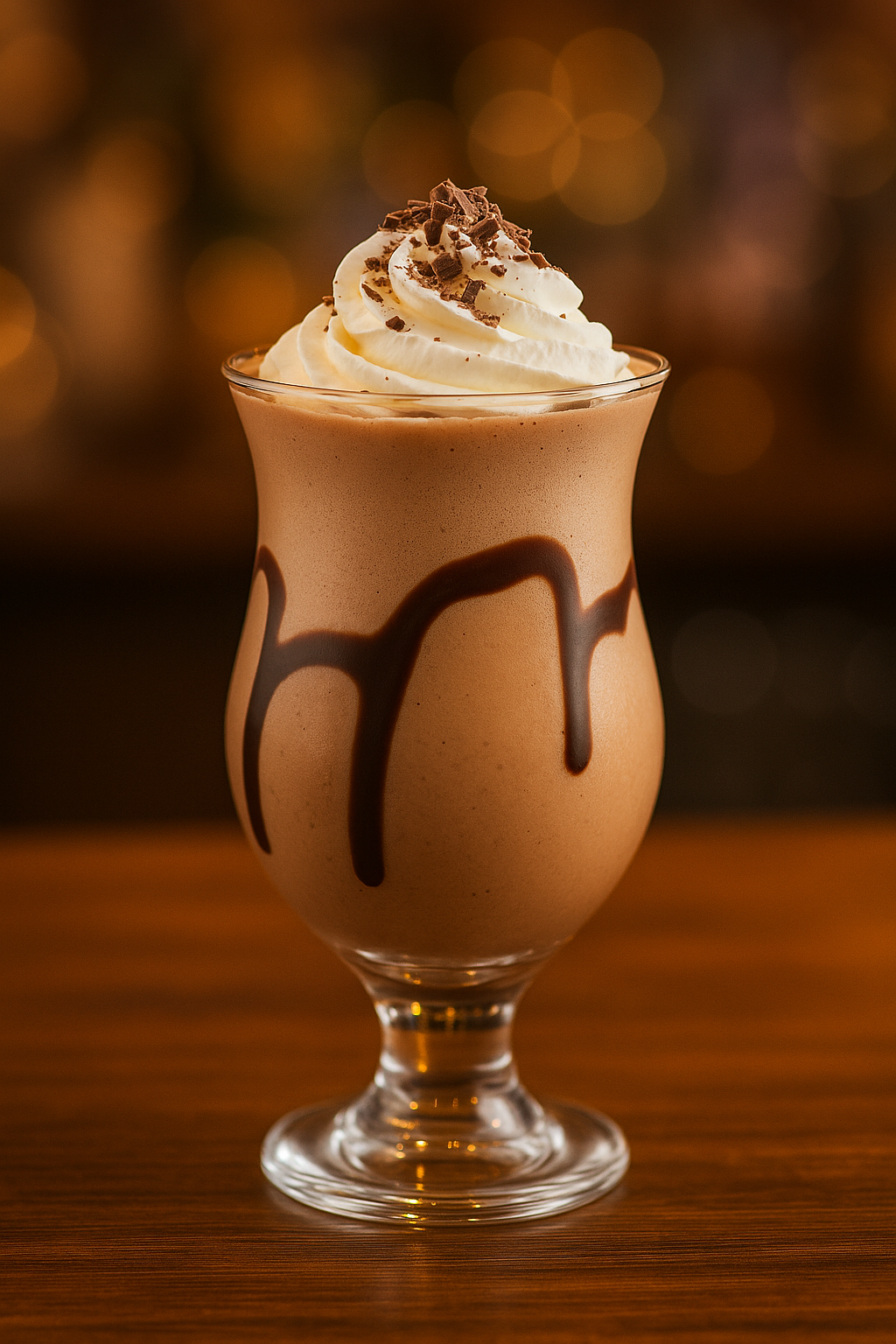 Godiva Mudslide cocktail recipe served in a parfait glass with chocolate drizzle, whipped cream, and chocolate shavings