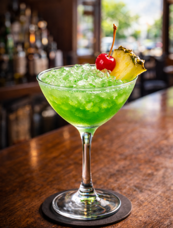 A green eyes cocktail recipe served in a cocktail glass with crushed ice, pineapple garnish, and cherry on a neighborhood bar counter.