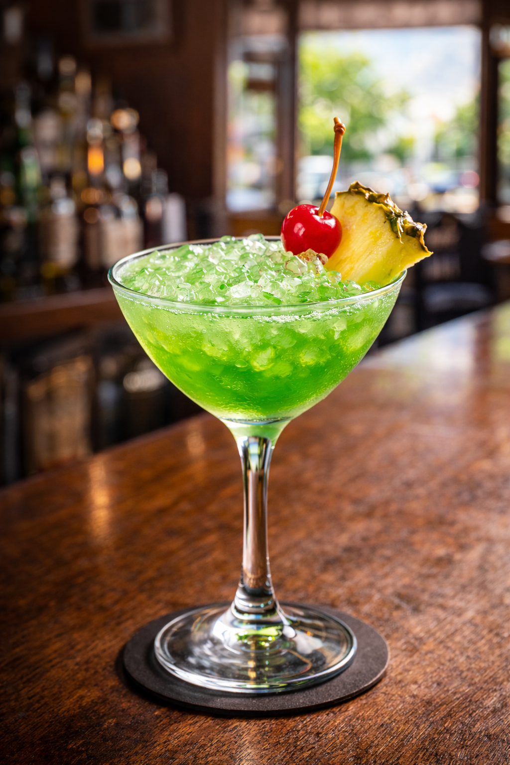 A green eyes cocktail recipe served in a cocktail glass with crushed ice, pineapple garnish, and cherry on a neighborhood bar counter.