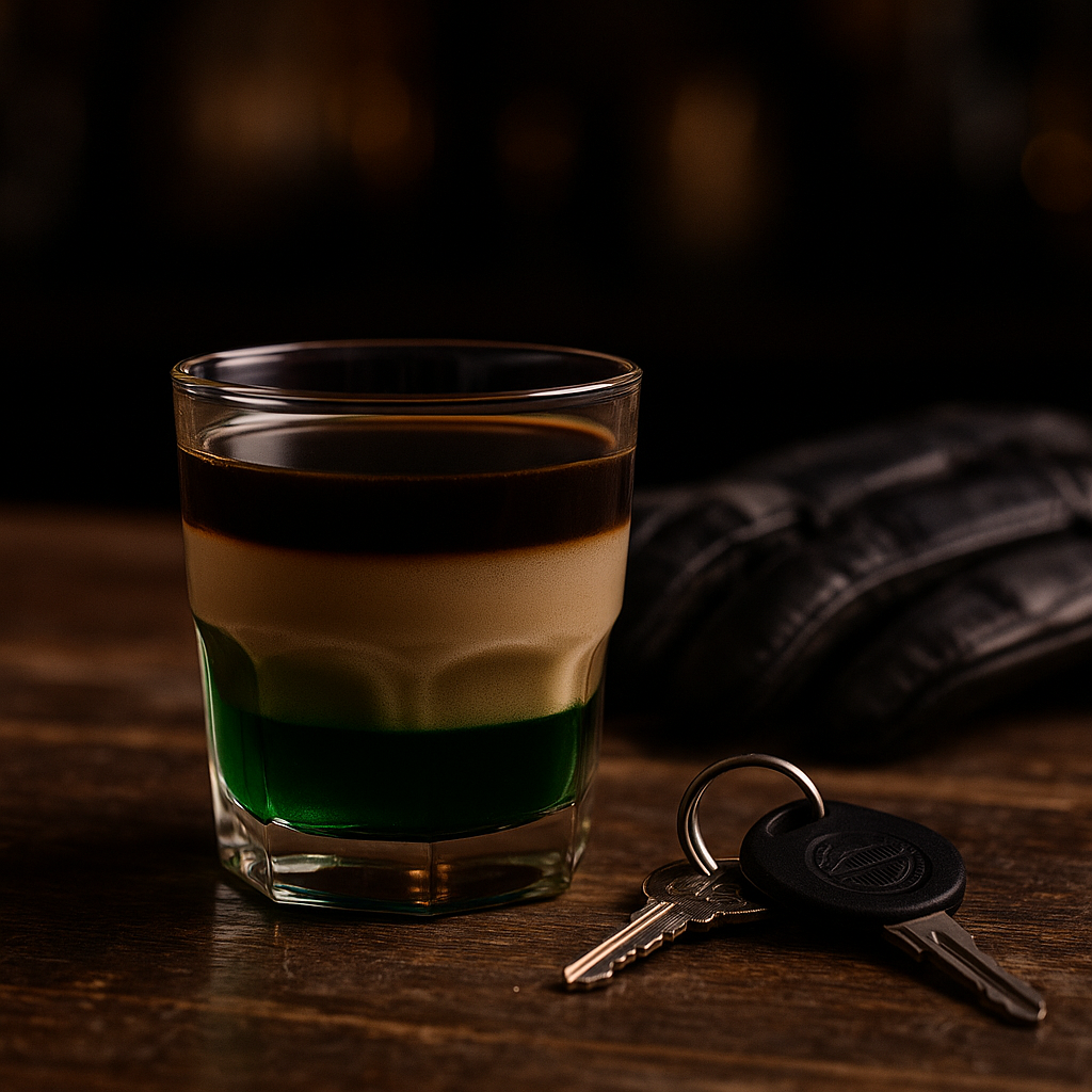 Harley Davidson cocktail recipe in a rocks glass with layered green, cream, and dark tones beside motorcycle keys