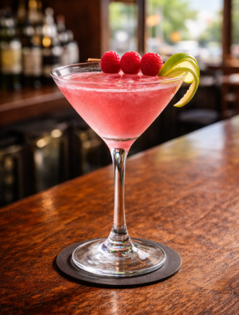 A heavenly hilary cocktail recipe served in a cocktail glass with raspberry garnish and lime twist on a neighborhood bar counter.
