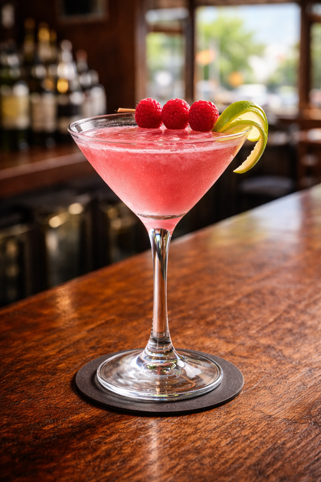 A heavenly hilary cocktail recipe served in a cocktail glass with raspberry garnish and lime twist on a neighborhood bar counter.
