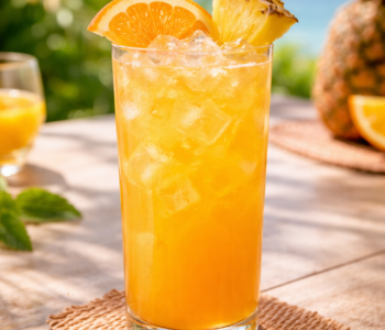 A helluva hurricane cocktail recipe served in a parfait glass with pineapple, cherries, and a Bacardi 151 float on a neighborhood bar counter.