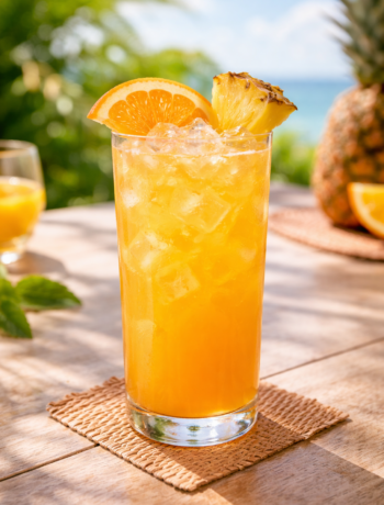 A helluva hurricane cocktail recipe served in a parfait glass with pineapple, cherries, and a Bacardi 151 float on a neighborhood bar counter.