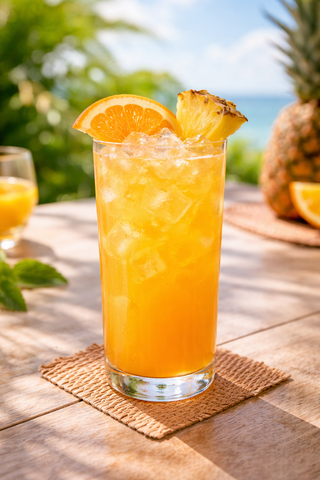 A helluva hurricane cocktail recipe served in a parfait glass with pineapple, cherries, and a Bacardi 151 float on a neighborhood bar counter.