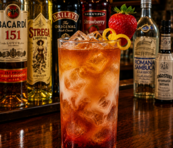 An insane asylum cocktail recipe served in a highball glass with strawberry garnish and lemon twist on a neighborhood bar counter.