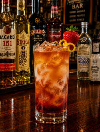 An insane asylum cocktail recipe served in a highball glass with strawberry garnish and lemon twist on a neighborhood bar counter.