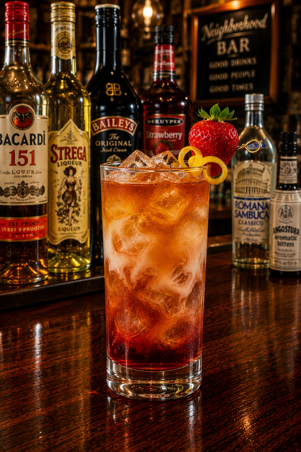 An insane asylum cocktail recipe served in a highball glass with strawberry garnish and lemon twist on a neighborhood bar counter.