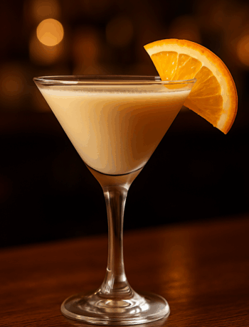 Irish French Kiss cocktail recipe in a cocktail glass with orange garnish and warm bar lighting