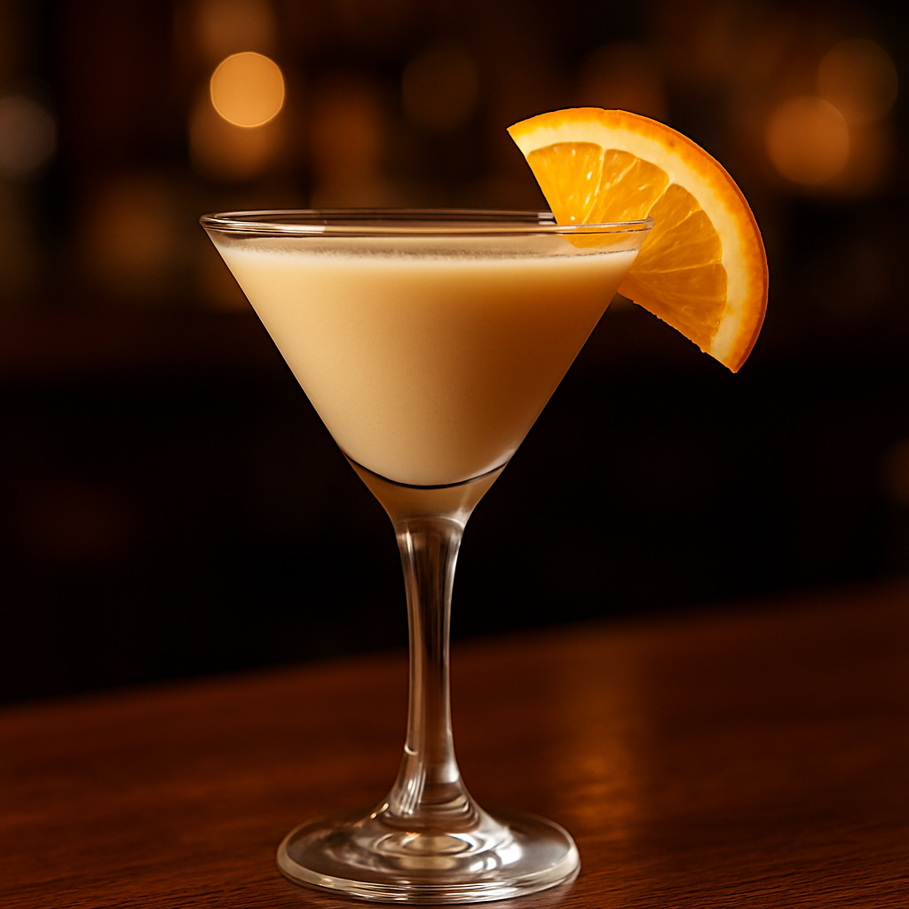 Irish French Kiss cocktail recipe in a cocktail glass with orange garnish and warm bar lighting