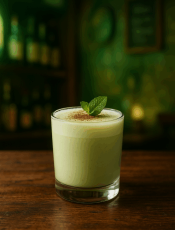 Irish Mint cocktail recipe served in an old fashioned glass with mint garnish and cocoa dusting in a cozy Irish pub