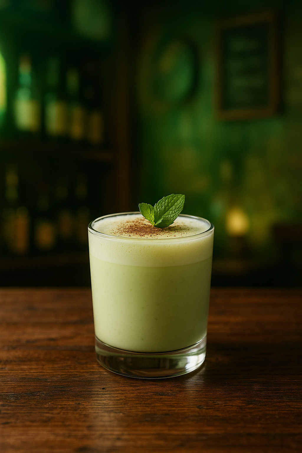 Irish Mint cocktail recipe served in an old fashioned glass with mint garnish and cocoa dusting in a cozy Irish pub