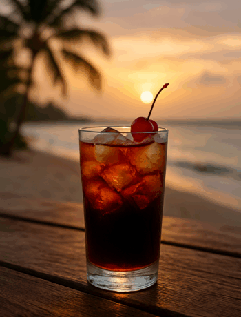 Jamaican Coke cocktail recipe in a highball glass with ice and a cherry garnish on a beachside bar at sunset
