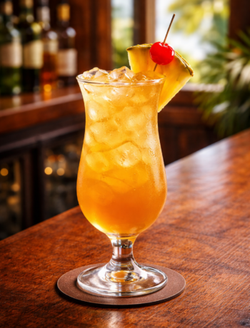 A jamaican iced tea cocktail recipe served in a hurricane glass with pineapple wedge and cherry garnish on a bar counter.