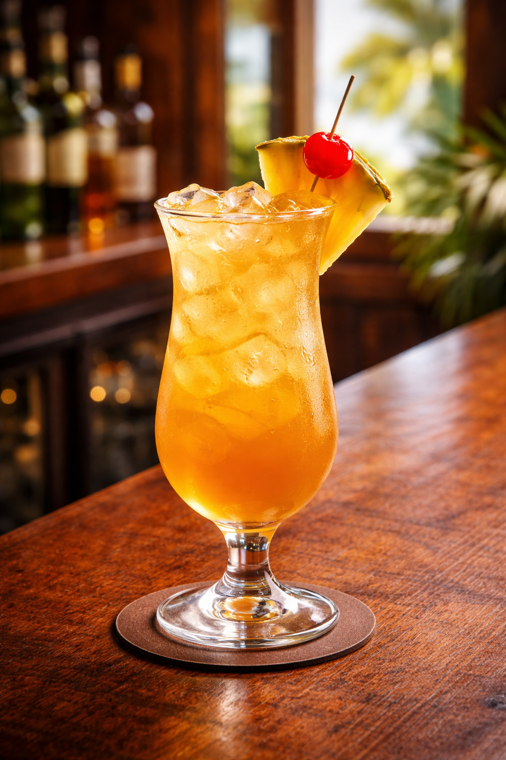 A jamaican iced tea cocktail recipe served in a hurricane glass with pineapple wedge and cherry garnish on a bar counter.
