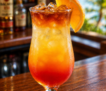 A key largo kooler cocktail recipe served in a hurricane glass with layered tropical colors, orange garnish, and umbrella on a bar counter.