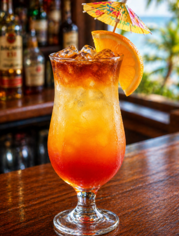 A key largo kooler cocktail recipe served in a hurricane glass with layered tropical colors, orange garnish, and umbrella on a bar counter.