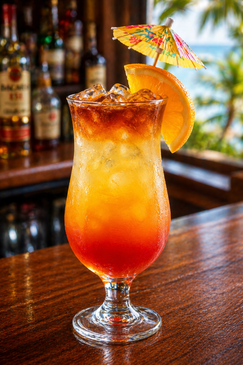 A key largo kooler cocktail recipe served in a hurricane glass with layered tropical colors, orange garnish, and umbrella on a bar counter.