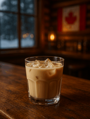 Klondike cocktail recipe in an old fashioned glass on a rustic wooden bar with snow and a blurred Canadian flag in the background