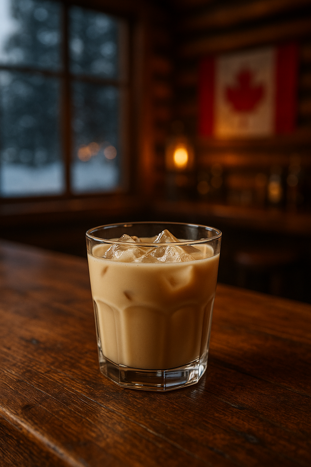 Klondike cocktail recipe in an old fashioned glass on a rustic wooden bar with snow and a blurred Canadian flag in the background