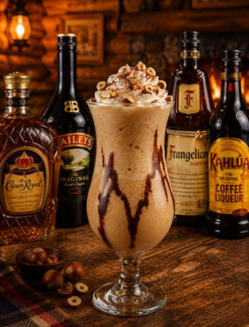 A kodiak sled dog cocktail recipe served in a hurricane glass with whipped cream, hazelnuts, and chocolate drizzle in a rustic log cabin bar.