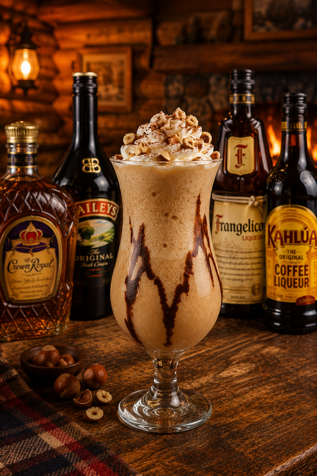 A kodiak sled dog cocktail recipe served in a hurricane glass with whipped cream, hazelnuts, and chocolate drizzle in a rustic log cabin bar.