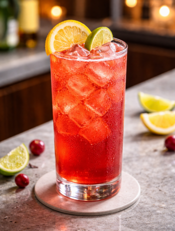 A kosmo cocktail recipe served in a tall Collins glass with ice, lemon wheel, and lime garnish.