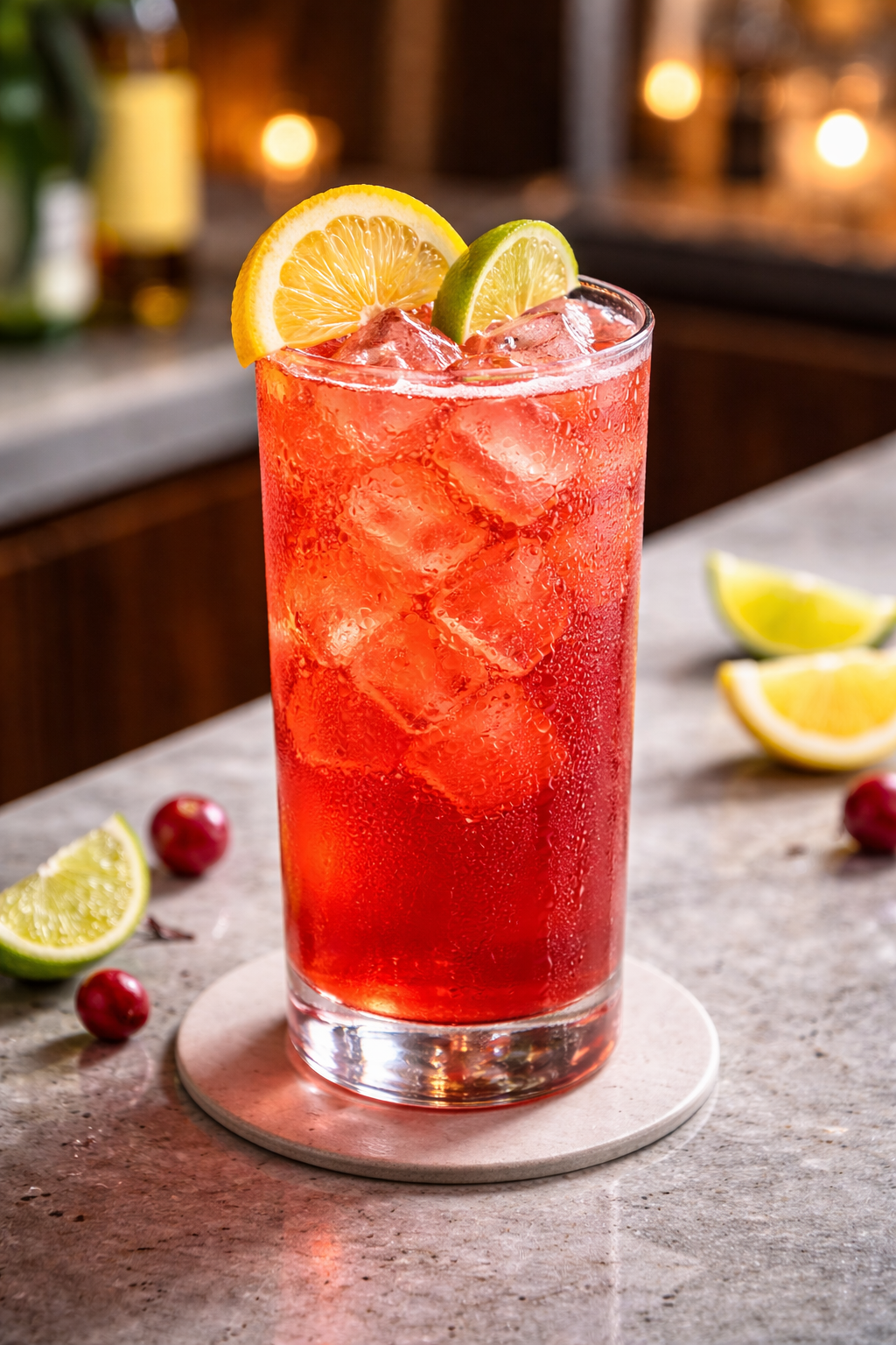 A kosmo cocktail recipe served in a tall Collins glass with ice, lemon wheel, and lime garnish.