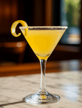 Lemon Drop Fusion cocktail recipe served in a cocktail glass with sugar rim and lemon twist on a bright marble bar