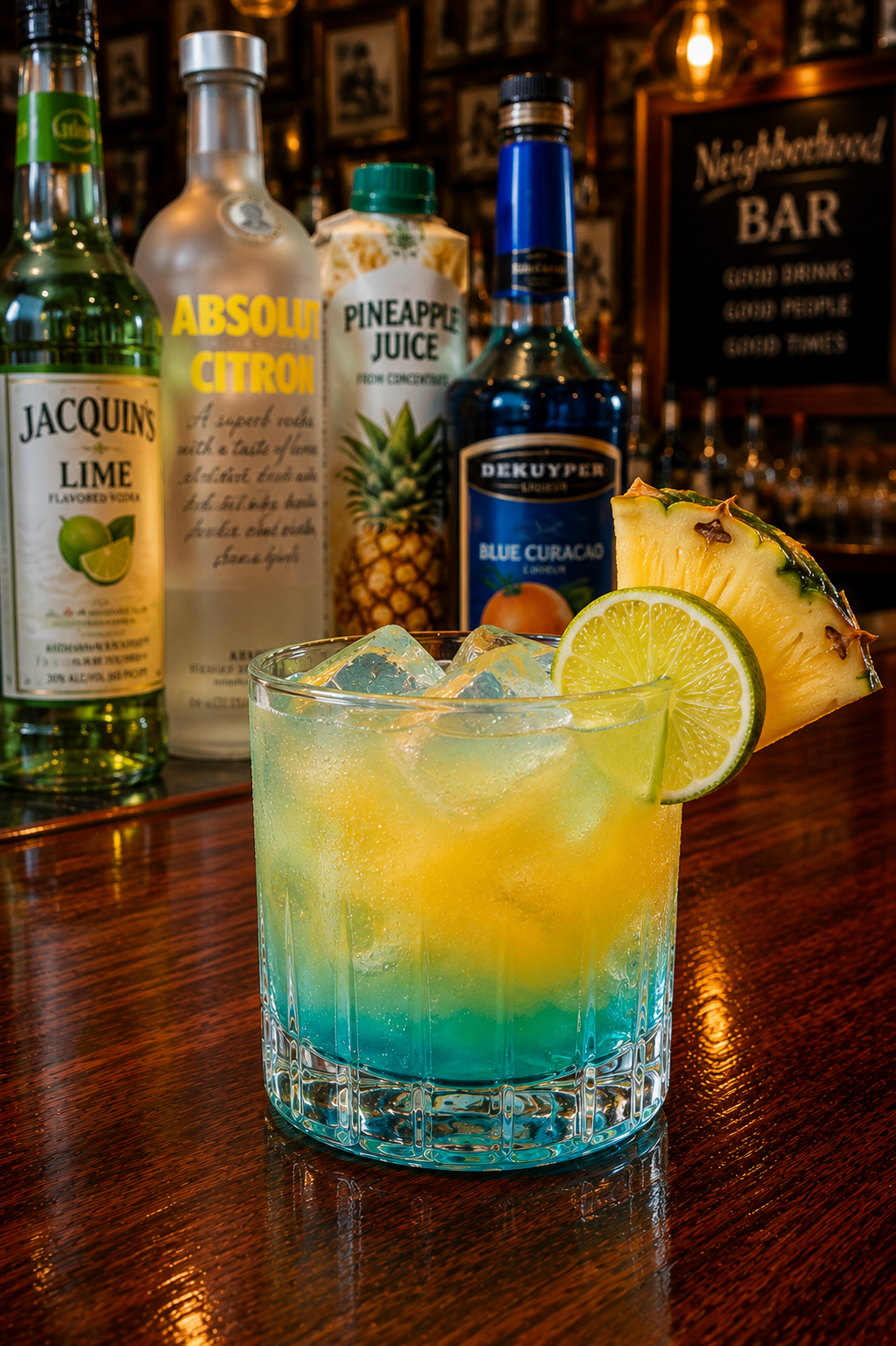 A liam's lucky charm cocktail recipe served in an old fashioned glass with pineapple and lime garnish on a neighborhood bar counter.
