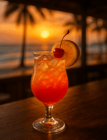 Long Island Sunset cocktail recipe in a hurricane glass with orange and cherry garnish under sunset lighting